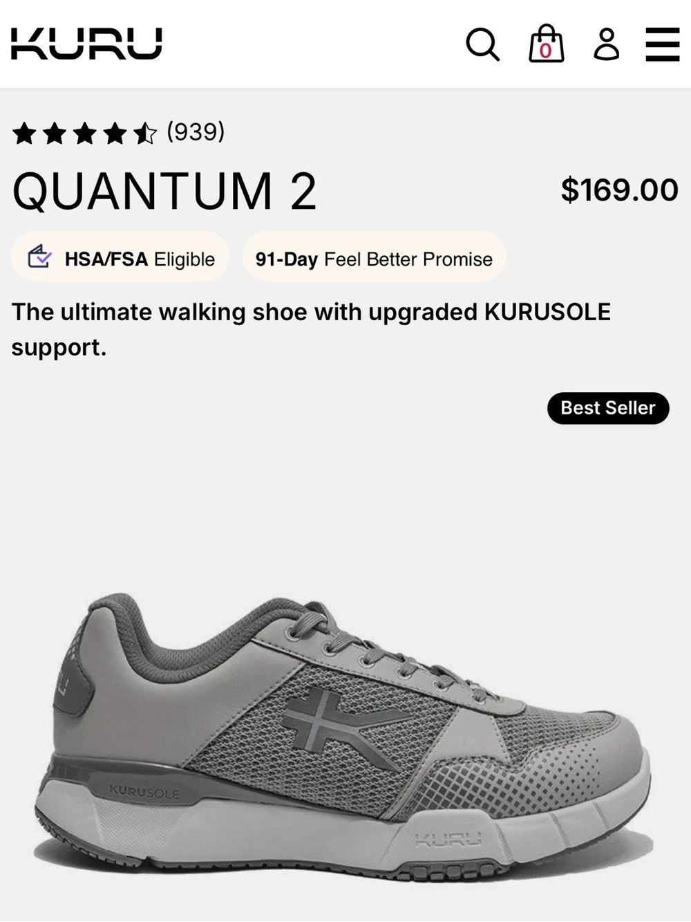 KURU Quantum 2 Walking Shoe in Gray